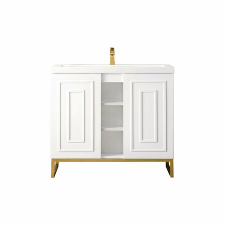 JAMES MARTIN VANITIES Alicante 39.5in Single Vanity, Glossy White, Radiant Gold w/ White Glossy Composite Stone Top E110V39.5GWRGDWG